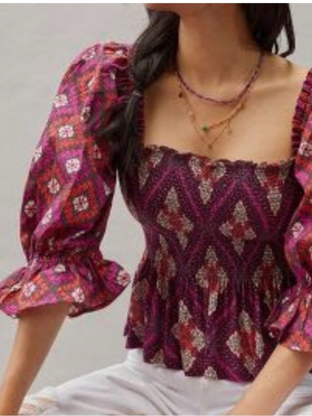 Anthropologie Conditions Apply Sweetheart Neck Smocked Top Maroon Pattern Mix S